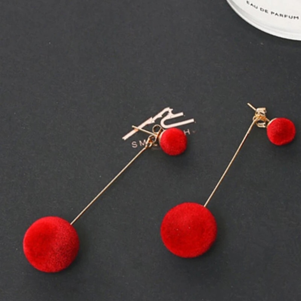 Women’s Red Fashion Plush Ball Drop Earrings